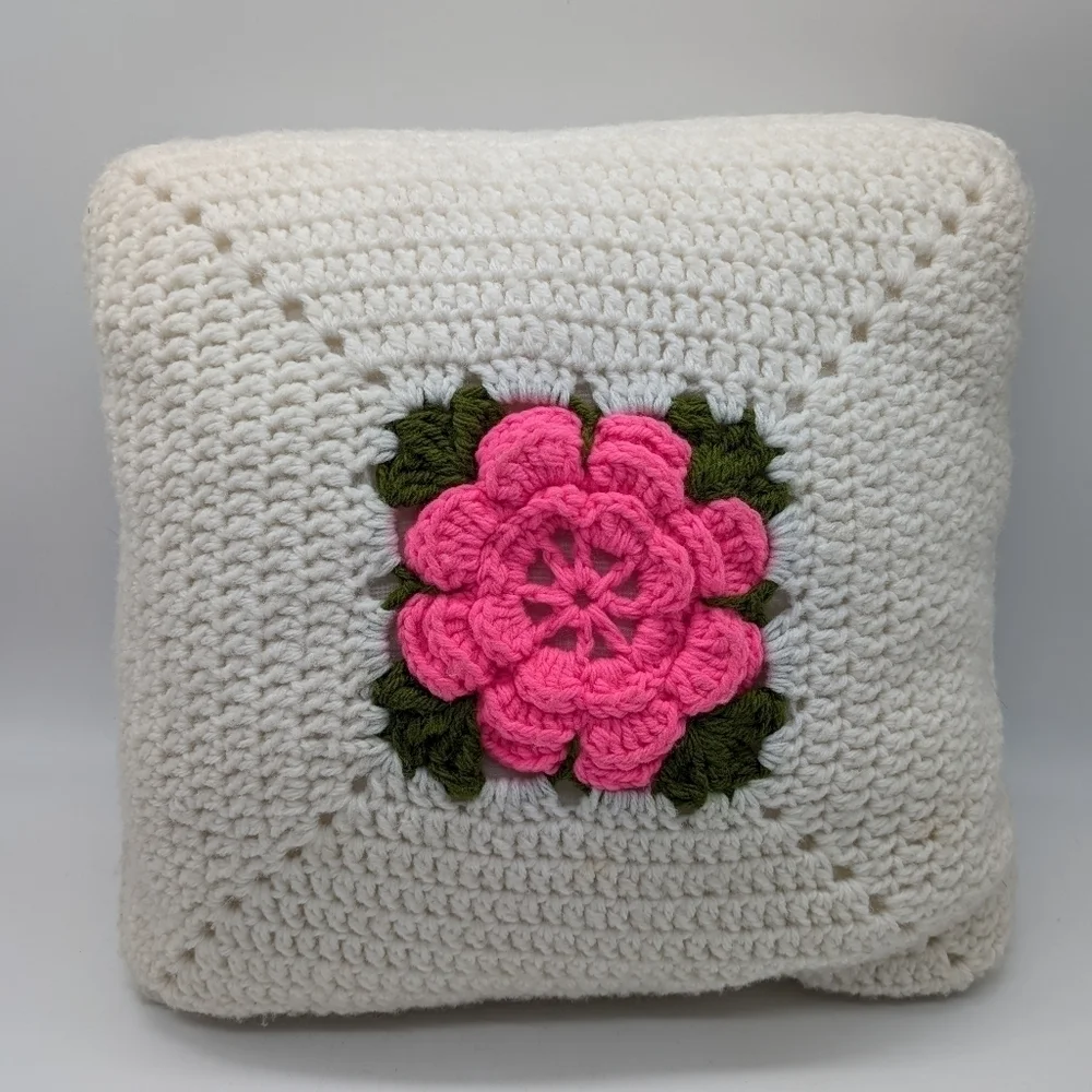 Vintage White Pink Crochet Granny Square Floral Pillow